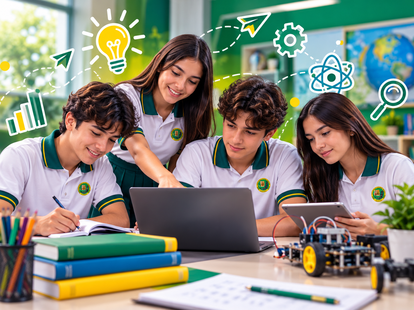 Estudiantes de Ciclo Básico investigando y trabajando en proyecto
