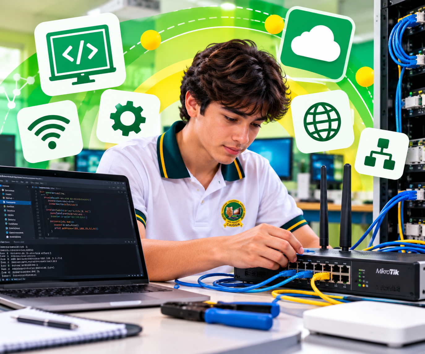 Estudiante de CAIGUA trabajando con redes y equipo de computación