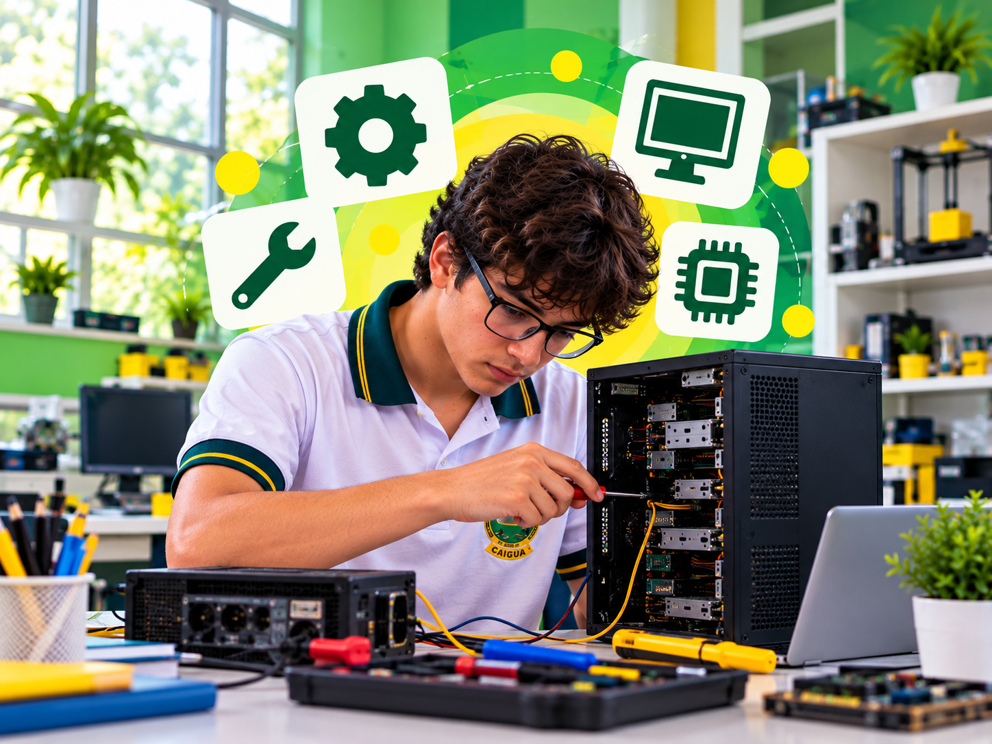 Estudiante de CAIGUA trabajando con hardware y software