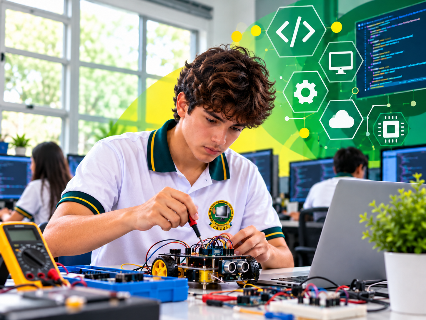 Estudiantes de Bachillerato en Computación trabajando en un proyecto